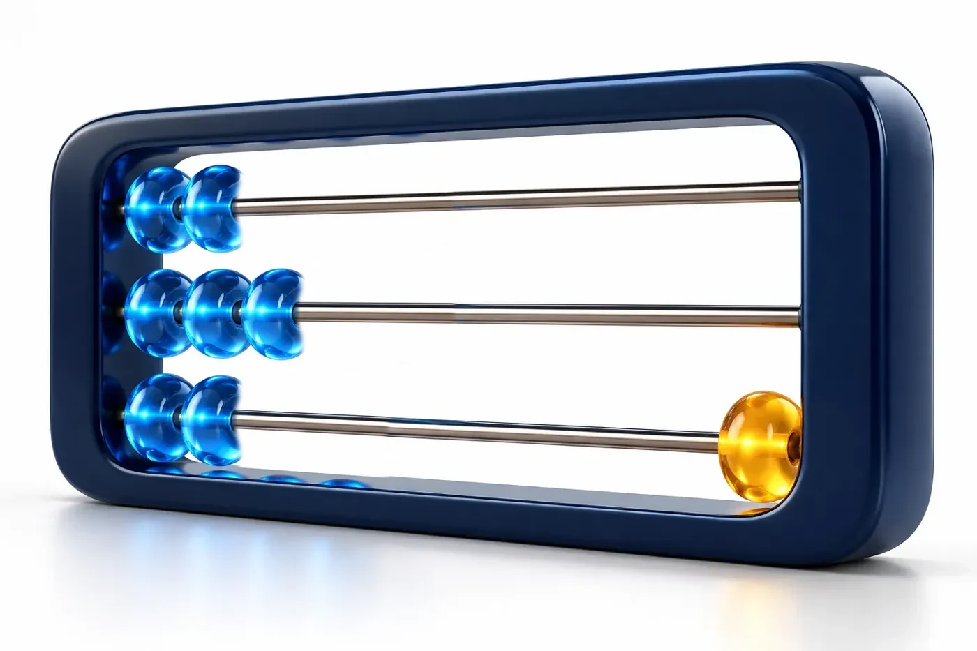 A modern navy abacus with blue glass beads glowing from within and one amber bead at the end of its rail