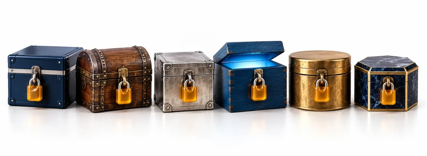 Six different boxes, each locked with an amber padlock, one open box glowing blue inside