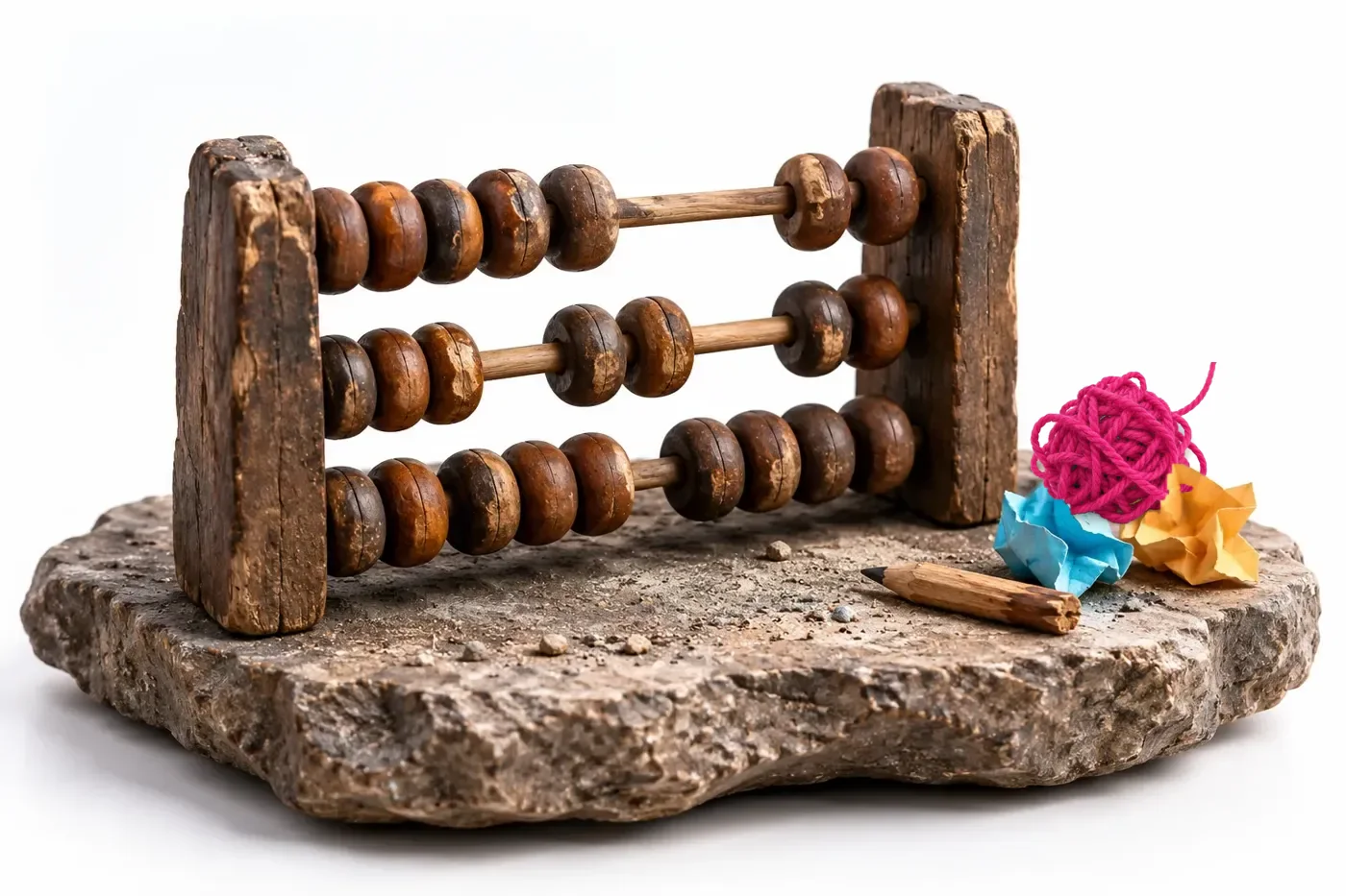 A worn wooden abacus on a stone slab with crumpled notes, a ball of pink yarn and a pencil stub