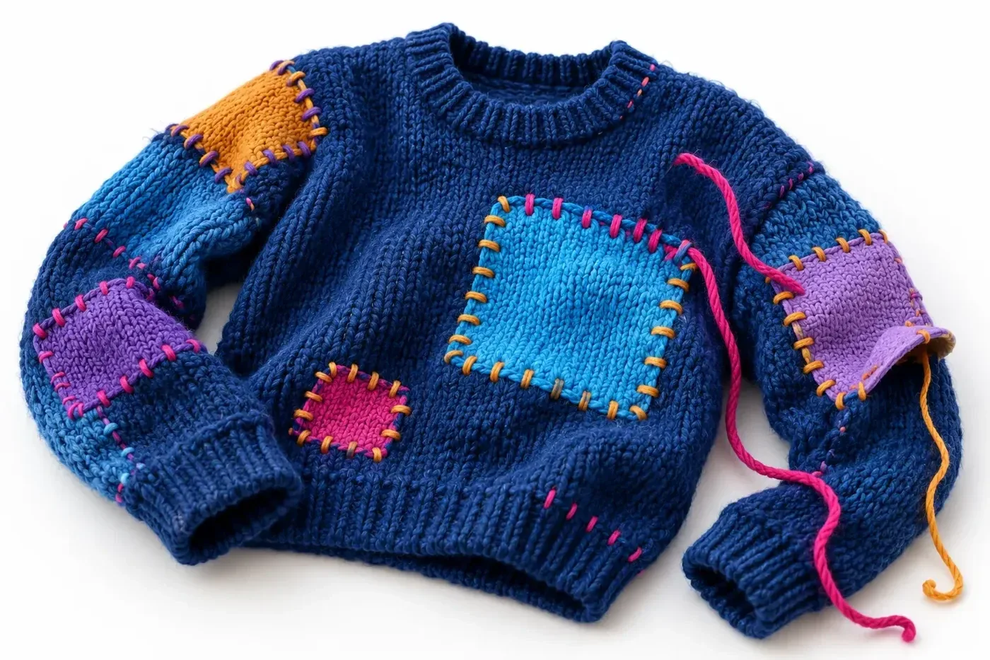An old blue sweater held together with mismatched patches, a darning needle mid-stitch and a loose pink thread